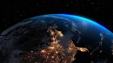 Gerçekçi coğrafya yüzeyi ve yörüngesel 3D bulut atmosferi olan Dünya gezegeni. Kıtaların dünya küresinin dış uzay görüşü. 3 boyutlu görüntüleme. Bu görüntünün elementleri NASA tarafından desteklenmektedir .