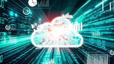 Akıllı paylaşım yazılımıyla bulut bilgisayarı ve çevrimiçi veri depolama. Yeni bilgi çağındaki küresel eğilimleri değiştiren akıllı dijital dönüşüm ve teknoloji bozulması kavramı .