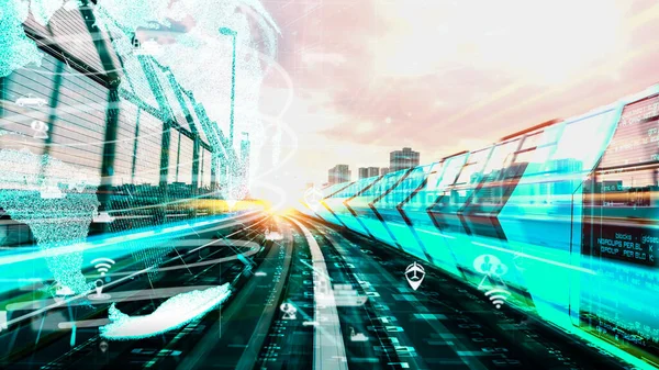 Smart transportation in tacit futuristic city with online traffic control system . Concept of smart digital transformation and technology disruption that changes global trends in new information era .