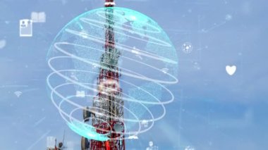 Dünya çapında internet ağı bağlantıları kavramında küresel iş değişikliğinin ve mavi gökyüzüne karşı e-ticaretin 3 boyutlu grafiğine sahip telekomünikasyon kulesi .