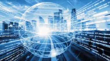 Çevrimiçi trafik kontrol sistemi olan sessiz ve fütürist bir şehirde akıllı ulaşım. Yeni bilgi çağındaki küresel eğilimleri değiştiren akıllı dijital dönüşüm ve teknoloji bozulması kavramı .