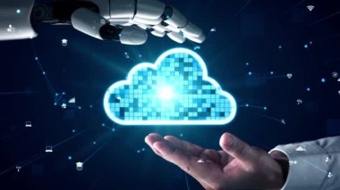 Gelecekçi robot yapay zeka yapay zeka yapay zekayı aydınlatıyor ve makine öğrenme kavramını geliştiriyor. İnsan hayatının geleceği için küresel robot biyonik bilim araştırması. 3B görüntüleme grafiği.