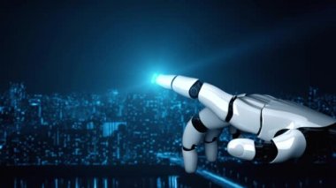 Gelecekçi robot yapay zeka yapay zeka yapay zekayı aydınlatıyor ve makine öğrenme kavramını geliştiriyor. İnsan hayatının geleceği için küresel robotik RPA bilim araştırması. 3B görüntüleme grafiği.
