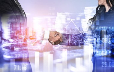 Ekonomik refah ve para teknolojisinin varlık geçmişi üzerine iş tokalaşması. Değerli borsaya yatırım yaparak ekonomik ve finansal büyüme ile refah kar birimi ticareti elde edilir