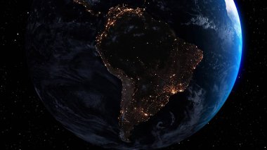 Gerçekçi coğrafya yüzeyi ve yörüngesel 3D bulut atmosferi olan Dünya gezegeni. Kıtaların dünya küresinin dış uzay görüşü. 3 boyutlu görüntüleme. Bu görüntünün elementleri NASA tarafından desteklenmektedir .