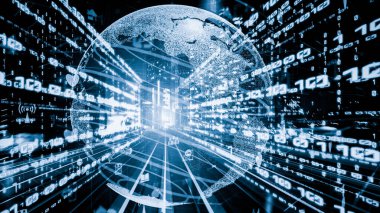 Fütürist küresel sosyal medya, insanlar iletişim ağı ve dijital veri paylaşımı kuruyor. Yeni bilgi çağındaki küresel eğilimleri değiştiren akıllı dijital dönüşüm ve teknoloji bozulması kavramı .