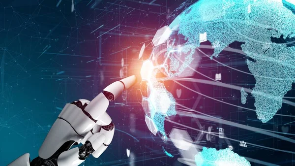 Gelecekçi robot yapay zeka devrimci yapay zeka teknoloji geliştirme ve makine öğrenme kavramı. İnsan hayatının geleceği için küresel robot biyonik bilim araştırması. 3B görüntüleme grafiği.