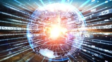 Fütürist küresel ağ ve dijital veri transferi 3D grafik. Yeni bilgi çağındaki küresel eğilimleri değiştiren akıllı dijital dönüşüm ve teknoloji bozulması kavramı .