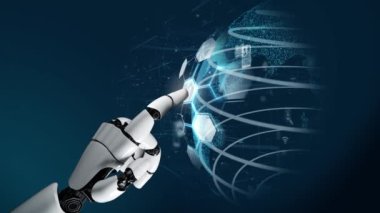 Gelecekçi robot yapay zeka devrimci yapay zeka teknoloji geliştirme ve makine öğrenme kavramı. İnsan hayatının geleceği için küresel robot biyonik bilim araştırması. 3B görüntüleme grafiği.