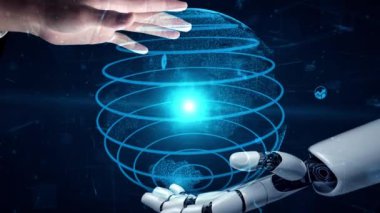 Gelecekçi robot yapay zeka yapay zeka yapay zekayı aydınlatıyor ve makine öğrenme kavramını geliştiriyor. İnsan hayatının geleceği için küresel robot biyonik bilim araştırması. 3B görüntüleme grafiği.