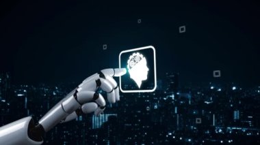 Gelecekçi robot yapay zeka yapay zeka yapay zekayı aydınlatıyor ve makine öğrenme kavramını geliştiriyor. İnsan hayatının geleceği için küresel robotik RPA bilim araştırması. 3B görüntüleme grafiği.