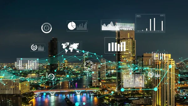 Business Data Analytické Rozhraní Létat Nad Chytrým Městem Ukazuje Změnu — Stock fotografie