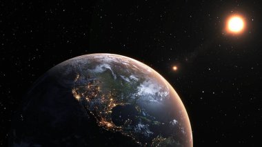 Gerçekçi coğrafya yüzeyi ve yörüngesel 3D bulut atmosferi olan Dünya gezegeni. Kıtaların dünya küresinin dış uzay görüşü. 3 boyutlu görüntüleme. Bu görüntünün elementleri NASA tarafından desteklenmektedir .