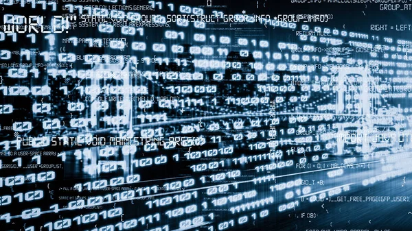 Yazılım geliştirme, uygulama programlama kodu ve gizli bilgisayar kodlaması. Yeni bilgi çağındaki küresel eğilimleri değiştiren akıllı dijital dönüşüm ve teknoloji bozulması kavramı .