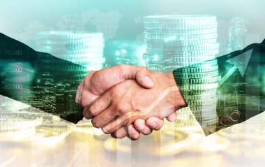 Ekonomik refah ve para teknolojisinin varlık geçmişi üzerine iş tokalaşması. Değerli borsaya yatırım yaparak ekonomik ve finansal büyüme ile refah kar birimi ticareti elde edilir