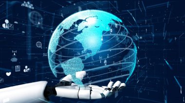 Gelecekçi robot yapay zeka devrimci yapay zeka teknoloji geliştirme ve makine öğrenme kavramı. İnsan hayatının geleceği için küresel robot biyonik bilim araştırması. 3B görüntüleme grafiği.