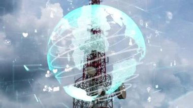 Dünya çapında internet ağı bağlantıları kavramında küresel iş değişikliğinin ve mavi gökyüzüne karşı e-ticaretin 3 boyutlu grafiğine sahip telekomünikasyon kulesi .