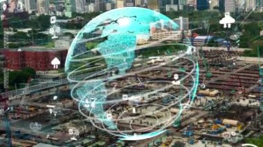 Otomasyon konseptini ve uzaktan kablosuz makine kontrolünü gösteren bir bilgisayar yazılımında fütüristik HUD kullanarak inşaat teknolojisi konsepti üzerinde değişiklik grafiği içeren konsept .