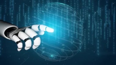 Gelecekçi robot yapay zeka devrimci yapay zeka teknoloji geliştirme ve makine öğrenme kavramı. İnsan hayatının geleceği için küresel robot biyonik bilim araştırması. 3B görüntüleme grafiği.