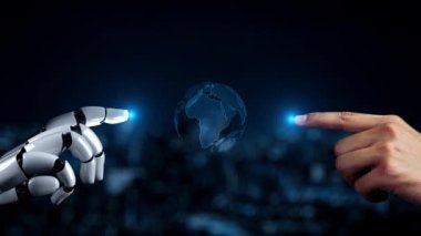 Gelecekçi robot yapay zeka yapay zeka yapay zekayı aydınlatıyor ve makine öğrenme kavramını geliştiriyor. İnsan hayatının geleceği için küresel robot biyonik bilim araştırması. 3B görüntüleme grafiği.