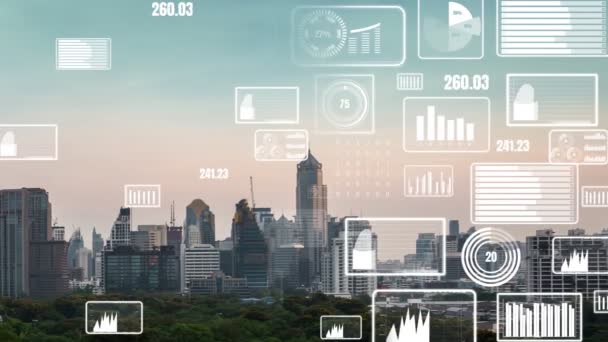 Аналитический Интерфейс Бизнес Данных Пролетает Над Умным Городом Показывая Изменение — стоковое видео