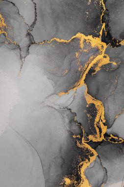 Kağıt üzerinde mermer sıvı mürekkep resimlerinin koyu altın soyut arkaplanı. Yüksek kaliteli kağıt dokusu üzerine orijinal suluboya alkol mürekkebi resmi .