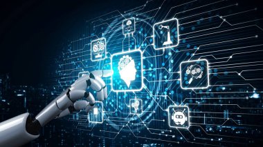 Gelecekçi robot yapay zeka yapay zeka yapay zekayı aydınlatıyor ve makine öğrenme kavramını geliştiriyor. İnsan hayatının geleceği için küresel robot biyonik bilim araştırması. 3B görüntüleme grafiği.