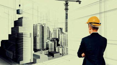 Şehir sivil planlama ve yaratıcı gayrimenkul geliştirme. Yaratıcı şehir binası tasarlamak için soyut şehir çizimine bakan mimar insanlar. Mimarlık hayali ve hırs konsepti.