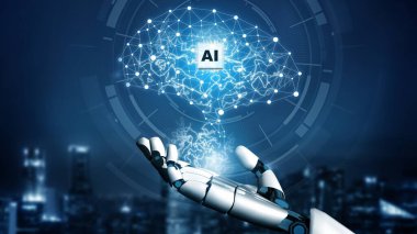 Gelecekçi robot yapay zeka devrimci yapay zeka teknoloji geliştirme ve makine öğrenme kavramı. İnsan hayatının geleceği için küresel robot biyonik bilim araştırması. 3B görüntüleme grafiği.