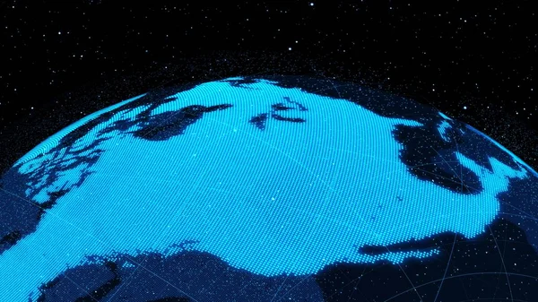 ネットワーク技術の概念を示すサイバー空間における3Dデジタル軌道地球 地球圏のホログラムインターネットへのグラフィック接続は 世界的な通信と接続ネットワークを提示します 3Dレンダリング — ストック写真