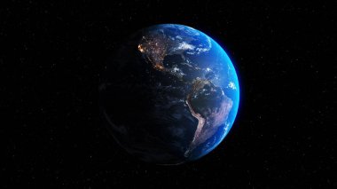 Gerçekçi coğrafya yüzeyi ve yörüngesel 3D bulut atmosferi olan Dünya gezegeni. Kıtaların dünya küresinin dış uzay görüşü. 3 boyutlu görüntüleme. Bu görüntünün elementleri NASA tarafından desteklenmektedir .