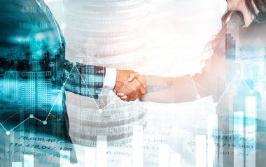Ekonomik refah ve para teknolojisinin varlık geçmişi üzerine iş tokalaşması. Değerli borsaya yatırım yaparak ekonomik ve finansal büyüme ile refah kar birimi ticareti elde edilir