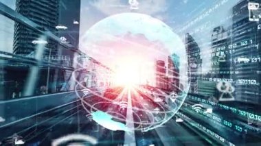 Çevrimiçi trafik kontrol sistemi olan sessiz ve fütürist bir şehirde akıllı ulaşım. Yeni bilgi çağındaki küresel eğilimleri değiştiren akıllı dijital dönüşüm ve teknoloji bozulması kavramı .