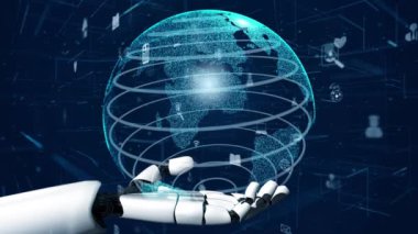 Gelecekçi robot yapay zeka devrimci yapay zeka teknoloji geliştirme ve makine öğrenme kavramı. İnsan hayatının geleceği için küresel robot biyonik bilim araştırması. 3B görüntüleme grafiği.