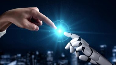 Gelecekçi robot yapay zeka yapay zeka yapay zekayı aydınlatıyor ve makine öğrenme kavramını geliştiriyor. İnsan hayatının geleceği için küresel robotik RPA bilim araştırması. 3B görüntüleme grafiği.