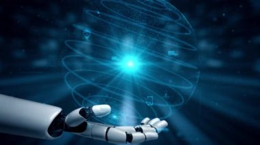 Gelecekçi robot yapay zeka yapay zeka yapay zekayı aydınlatıyor ve makine öğrenme kavramını geliştiriyor. İnsan hayatının geleceği için küresel robot biyonik bilim araştırması. 3B görüntüleme grafiği.