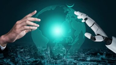 Gelecekçi robot yapay zeka devrimci yapay zeka teknoloji geliştirme ve makine öğrenme kavramı. İnsan hayatının geleceği için küresel robot biyonik bilim araştırması. 3B görüntüleme grafiği.