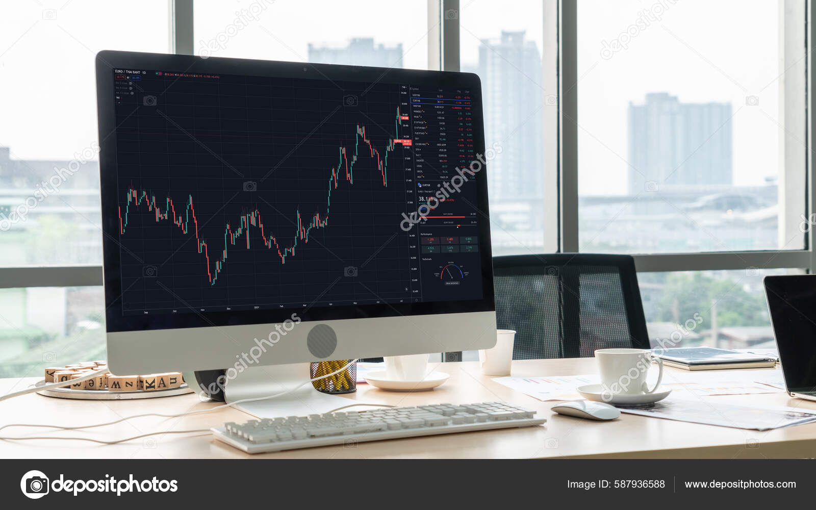 运用巧妙的计算机软件对股票市场数据进行图表分析投资应用程序在电脑屏幕上显示股票市场图表并为交易决策提供建议——图库图片© BiancoBlue #