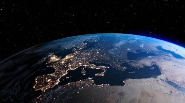 Gerçekçi coğrafya yüzeyi ve yörüngesel 3D bulut atmosferi olan Dünya gezegeni. Kıtaların dünya küresinin dış uzay görüşü. 3 boyutlu görüntüleme. Bu görüntünün elementleri NASA tarafından desteklenmektedir .
