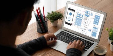 Model mobil uygulama ve web sitesi için UX UI tasarım süreci. Profesyonel uygulama geliştiricisi için kablo grafiğinin yaratıcı prototipi .