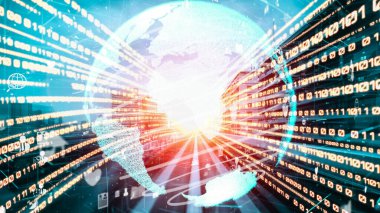 Fütürist küresel sosyal medya, insanlar iletişim ağı ve dijital veri paylaşımı kuruyor. Yeni bilgi çağındaki küresel eğilimleri değiştiren akıllı dijital dönüşüm ve teknoloji bozulması kavramı .