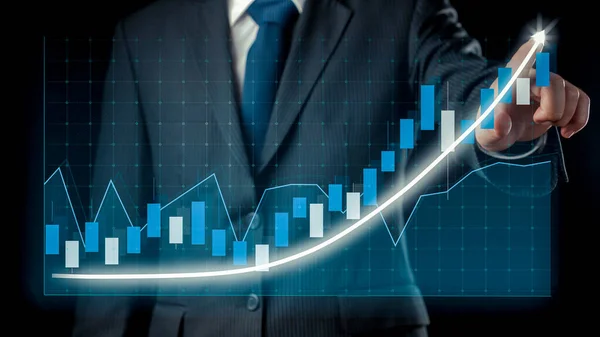 Üzletember Felhívni Pénzügyi Vonzó Grafikon Diagram Mutatja Üzleti Nyereség Növekedését — Stock Fotó