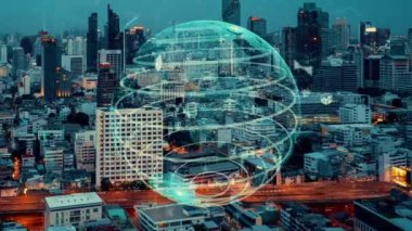 Akıllı şehirde küresel bağlantı ve internet ağı değişikliği. Gelecekteki kablosuz dijital bağlantı ve sosyal medya ağı kavramı .