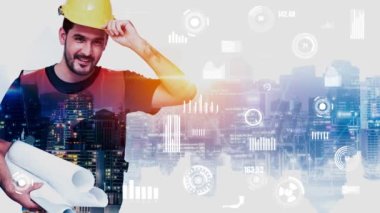 Gelecekteki bina inşaatı ve HUD hologram grafik tasarımı ile yaratıcı mühendislik projesi konsepti. İnşaat mühendisi, mimar ya da inşaat işçisi modern sivil teknoloji ile çalışıyor..