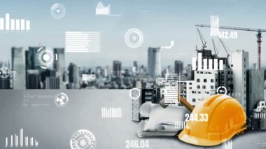 Yenilikçi mimari ve yaratıcı inşaat mühendisliği inşaat projesi. Mimar, işçi ve mühendis tarafından yapılan yaratıcı grafik tasarımı altyapı şehir binası kavramını gösteriyor.