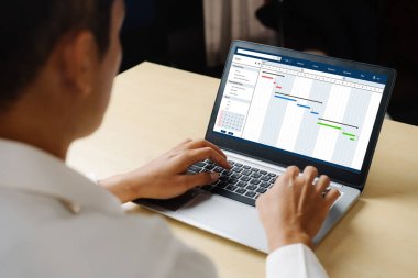 Ekip projesinin zaman çizelgesini gösteren bilgisayar ekranında, modern iş projesi yönetimi için proje planlama yazılımı