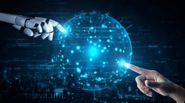 Gelecekçi robot yapay zeka yapay zeka yapay zekayı aydınlatıyor ve makine öğrenme kavramını geliştiriyor. İnsan hayatının geleceği için küresel robot biyonik bilim araştırması. 3B görüntüleme grafiği.
