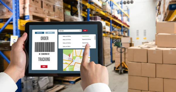 Delivery Tracking System Commerce Modish Online Business Timely Goods Transportation — Stock Photo, Image