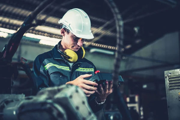 Young Factory Worker Working Adept Robotic Arm Workshop Industry Robot — Stock Photo, Image