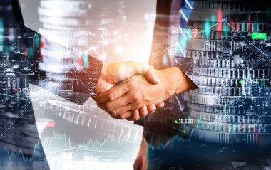 Ekonomik refah ve para teknolojisinin varlık geçmişi üzerine iş tokalaşması. Değerli borsaya yatırım yaparak ekonomik ve finansal büyüme ile refah kar birimi ticareti elde edilir